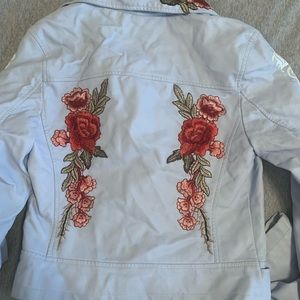 faux leather motorcycle Jacket baby blue with Flowers
